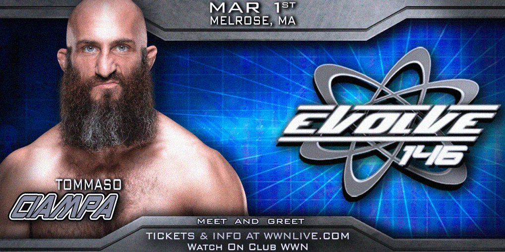 .@NXTCiampa, @RheaRipley_WWE & @RealKeithLee will be at #EVOLVE146 for special meet & greets THIS Sunday in Melrose, MA!Tickets & info HERE: https://wwnlive.com/event/evolve-146-march-1st-melrose-ma/?v=7516fd43adaa …