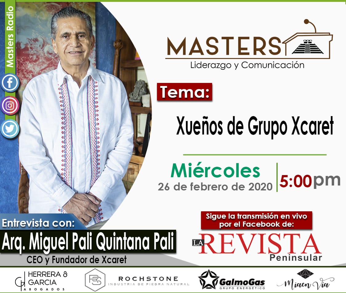 No se pueden perder 𝗵𝗼𝘆 𝗮 𝗹𝗮𝘀 𝟱𝗽𝗺 la entrevista de <a href="/MastersRadio/">Masters Radio</a> al CEO y Fundador de <a href="/Grupo_Xcaret/">Grupo Xcaret</a>. El 𝗔𝗿𝗾𝘂𝗶𝘁𝗲𝗰𝘁𝗼 𝗠𝗶𝗴𝘂𝗲𝗹 𝗤𝘂𝗶𝗻𝘁𝗮𝗻𝗮 𝗣𝗮𝗹𝗶. Síganla a través del facebook de La Revista Peninsular. #FormandoLíderes