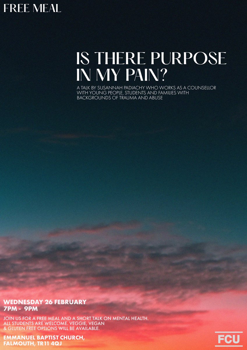 Join us for a free meal and a talk by Susannah Padiachy tonight at Emmanuel Baptist Church at 7pm. Susannah works as a counsellor with young people, students and families with backgrounds of trauma and abuse. Hope to see you there!