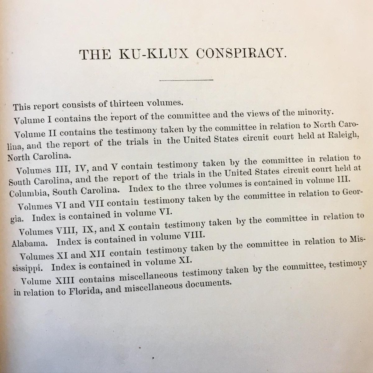 NUL_PresCons's tweet photo. For a heavy read, find the 13 volumes documenting the Ku Klux activities of violence and intimidation in the “late insurrectionary states” during Reconstruction. The 42nd Congress ordered the testimonials in 1872. #LibraryBlackHistory #bhm
https://t.co/3NijI0AUFt https://t.co/UCVRFl5ovB
