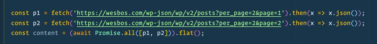 wesbos's tweet image. 🔥 Use the new Array .flat() method to flatten arrays of arrays. This is handy when you have multiple fetch requests that need to be merged into a single array: