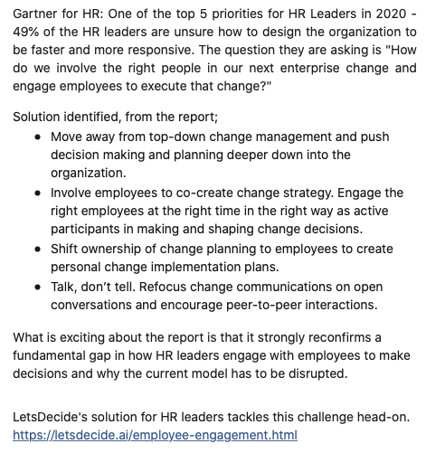 letsdecide_ai's tweet photo. One of the top 5 priorities for HR Leaders in 2020 - 49% of the HR leaders are unsure how to design the organization to be faster and more responsive. Big question is "How do we involve the right people in our next enterprise change and engage employees to execute that change?" https://t.co/mQdpm0k0J4