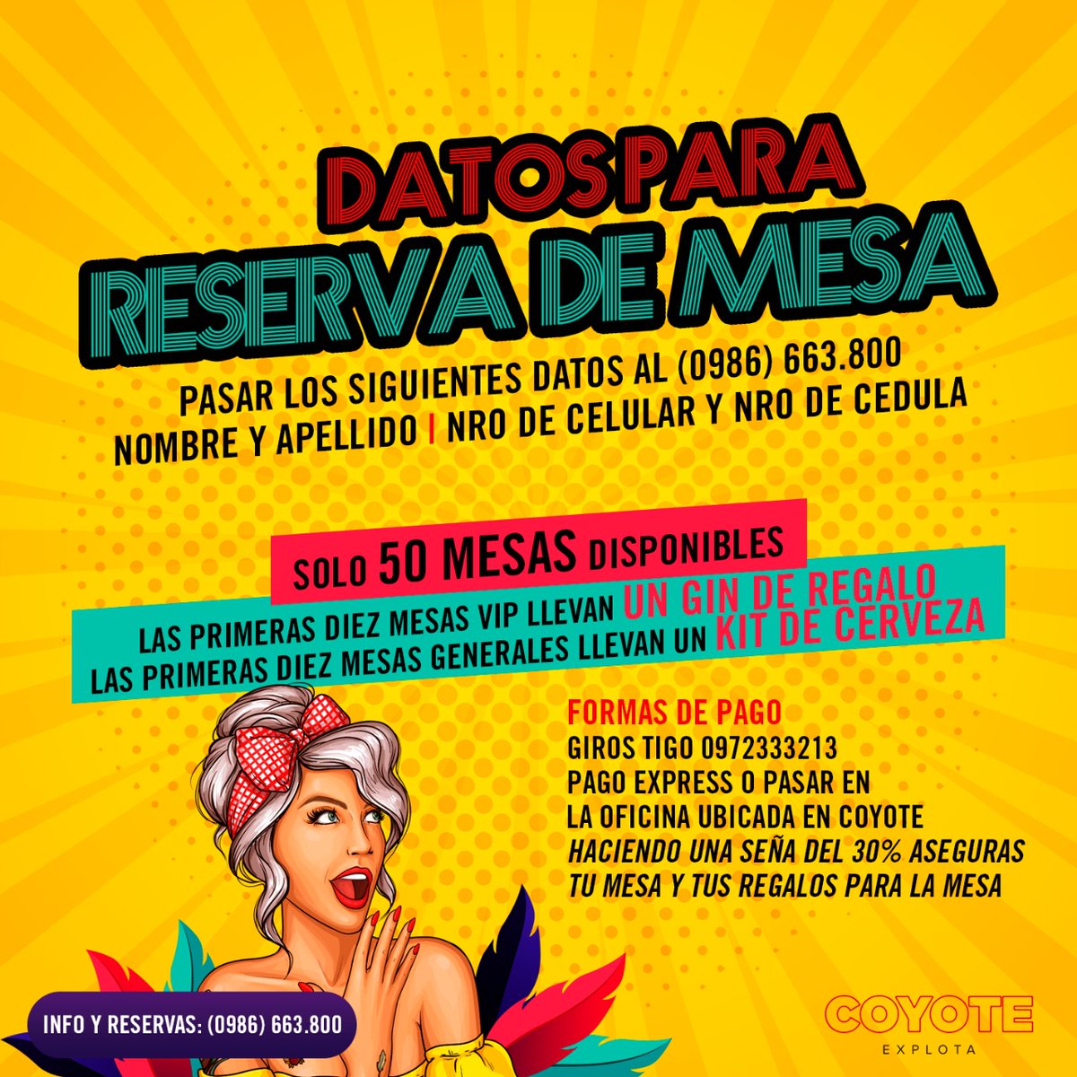 Coyoteasu's tweet photo. ¡MESAS HABILITADAS!

Solo 50 mesas habilitadas y las primeras 20 vienen con regalos! 🎁

Reserva ya tu mesa siguiendo los paso que te marcamos en la imagen!

Apúrate que se re AGOTAN!

Reserva YA tu lugar y se parte de esta fiesta increíble!

Info y reservas al 0986 663 800! https://t.co/xjFPyDc9dg