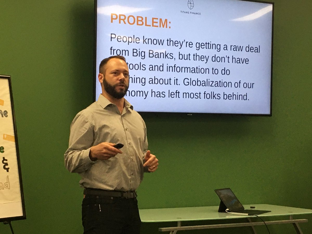 1MillionCupsSAC's tweet photo. Jonas kicks off the presentation for Titans Finance, an early stage #fintech startup using #blockchain technology to offer higher interest rates on your money. #1mcsac #1mc https://t.co/vYEKCnewtW