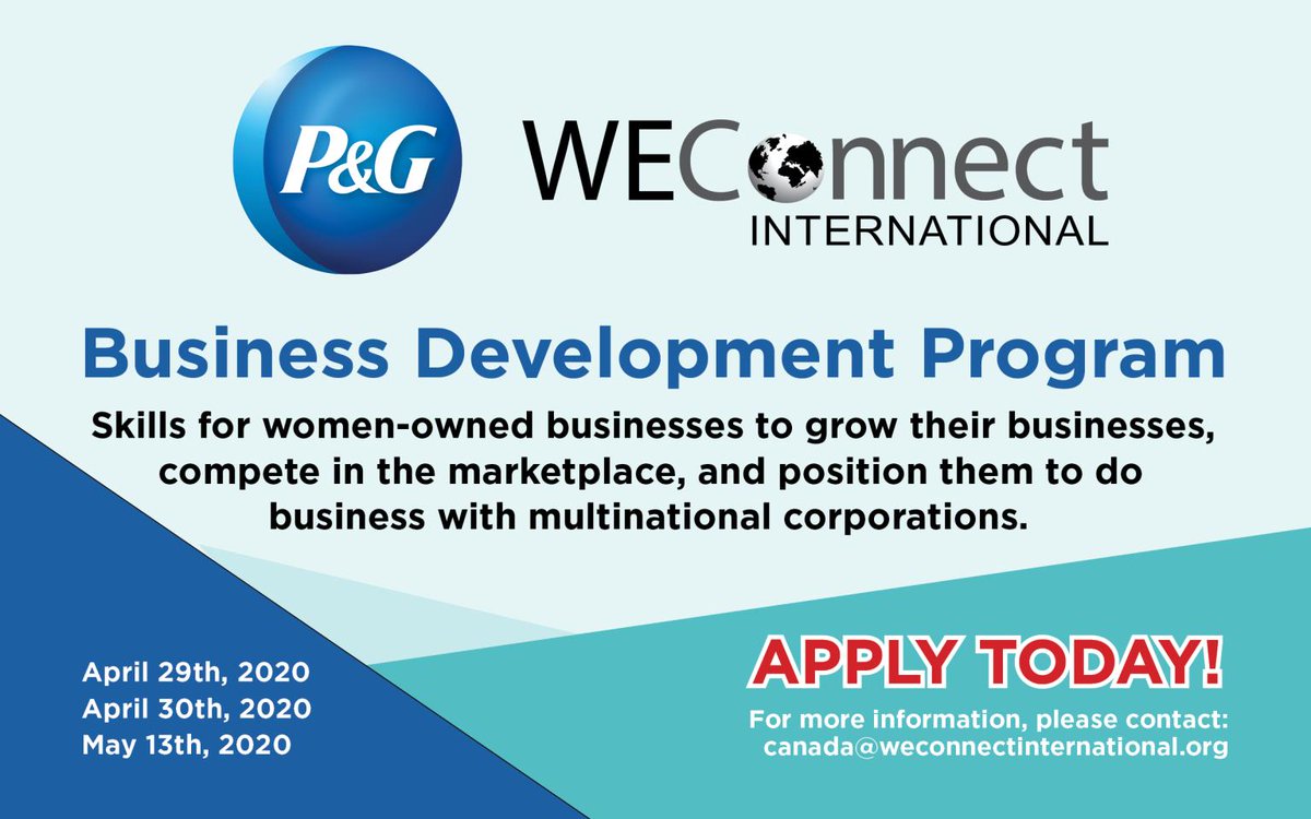 BeEvenBolder's tweet photo. FREE business development learning event from @WEConnect International and P&amp;G for women entrepreneurs:

Criteria:
1) years 1-4 of business
2) majority owners, and
3) interested in working w/ global supply chains 

Thanks @MendingtheChasm for sharing! https://t.co/NCu3aO1NQQ https://t.co/7JYQOmDsfP