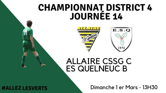 🔊 Affiches du week - end

Déplacement pour nos deux équipes ce dimanche 1er Mars !

13 H 30 : <a href="/CSSGAllaire/">💛🖤CSSG Allaire🖤💛</a> - ES Quelneuc B
15 H 30 : Jeanne d'Arc Peillac - ES Quelneuc 

Supporters venez nombreux pour supporter nos deux équipes !

#AllezLesVerts