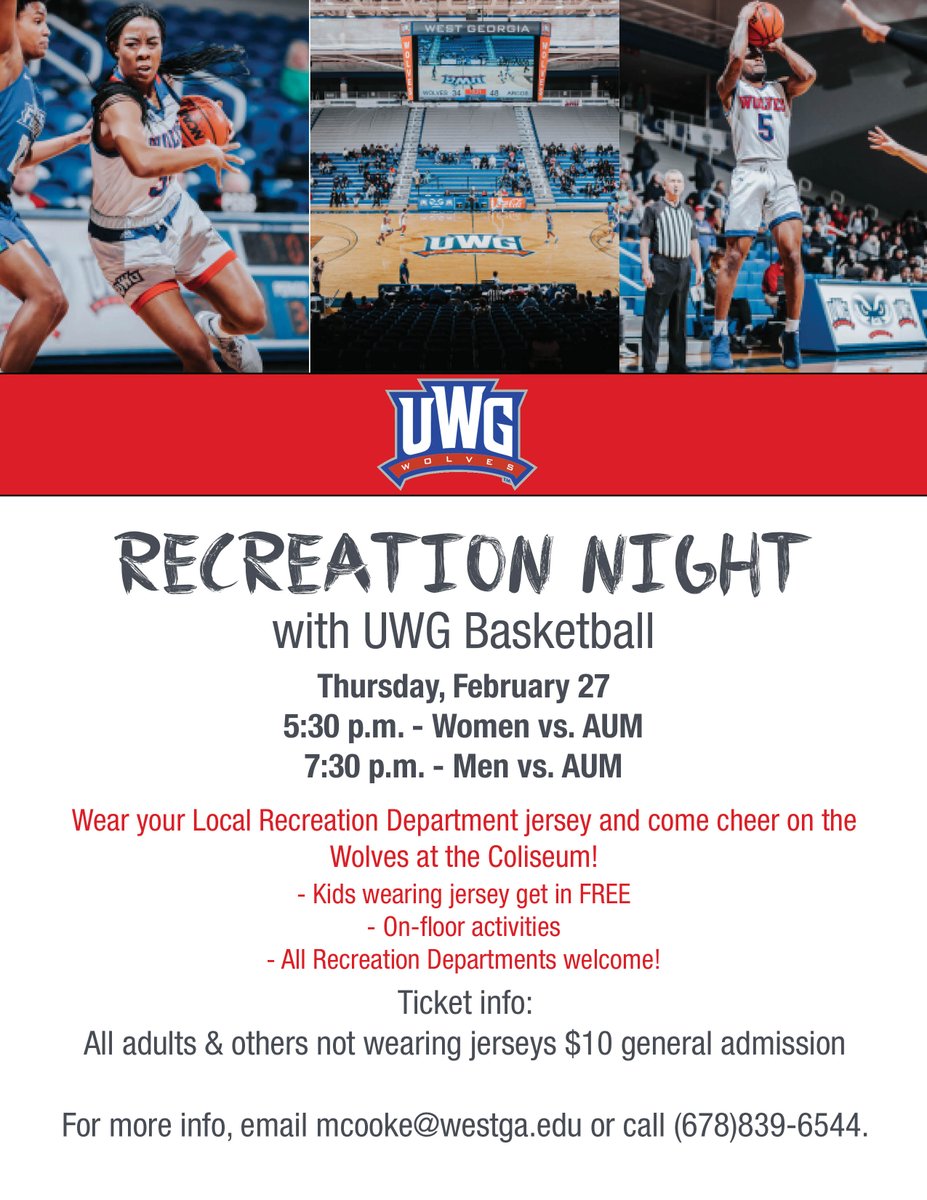 Don't forget tomorrow night is Recreation Night with UWG Basketball!

All kids wearing their local recreation department jerseys get in FREE! See you there!

#WeRunTogether