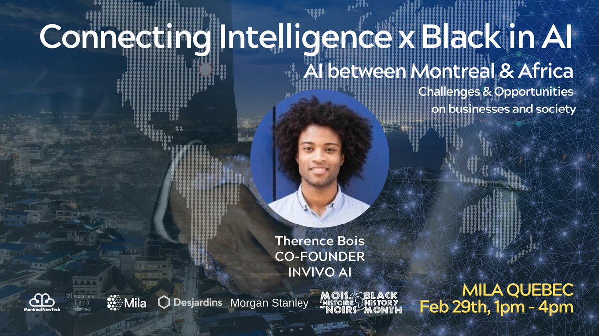 elantechco's tweet photo. @lemoisdesnoirs @onucharlesc @mcgillu @ubenwa_ai @Fadjiah @Shopify @polymtl Therence Bois Co-fondateur de @invivo_ai nous fera également l'honneur de sa présence samedi prochain pour parler #IntelligenceArtificielle dans le cadre de la conférence #ConnectingIntelligence x #BlackinAI qui aura lieu au @MILAMontreal à 13h. Billets > https://t.co/mp5Vl3VVf6 https://t.co/MvnYd0wDFS