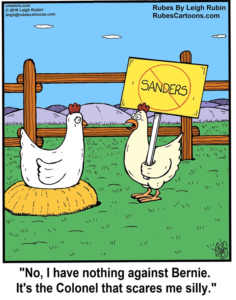 RubesCartoons's tweet photo. Itโs nothing to lose your head over.
#kfc #kentuckyfriedchicken #colonelsanders #berniesanders #sanders #bucketofchicken #friedchicken #cartoon #cartoonist #chicken https://t.co/T6FH36UeVc