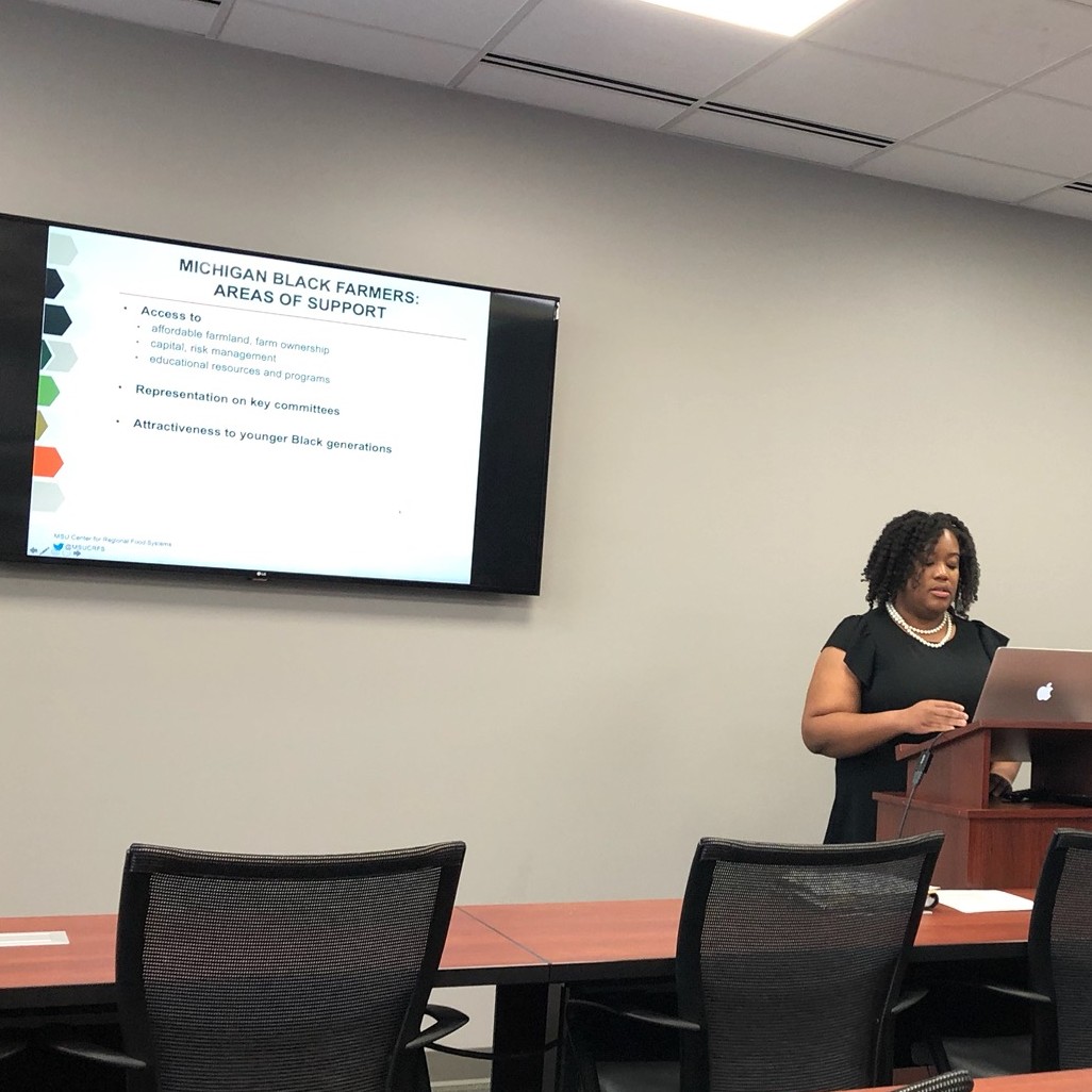 MSUCRFS's tweet photo. Dr. Kimberly Carr describes how to support Michigan's black farmers at Michigan's Black Legislative Caucus session. https://t.co/AKi4veraZ7