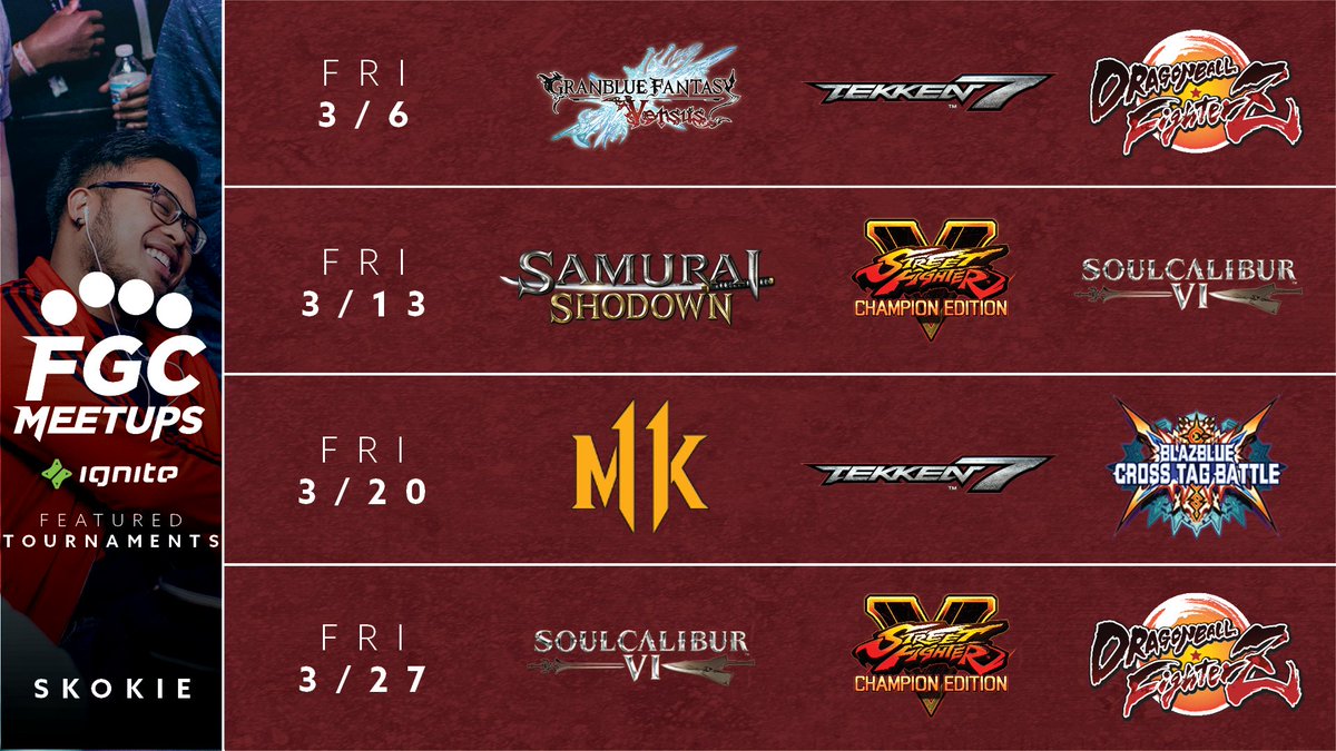 sephmitchell's tweet photo. What's good, Midwest FGC? It's time for some March mop-ups here at FGC Meetups, and we've sprung up a calendar for you!

We at @LowKickeSports and @ignitegaming are excited to bring you the 'FGC Meetups Fight Calendar' for MARCH 2020! https://t.co/CBOrUHo0tt