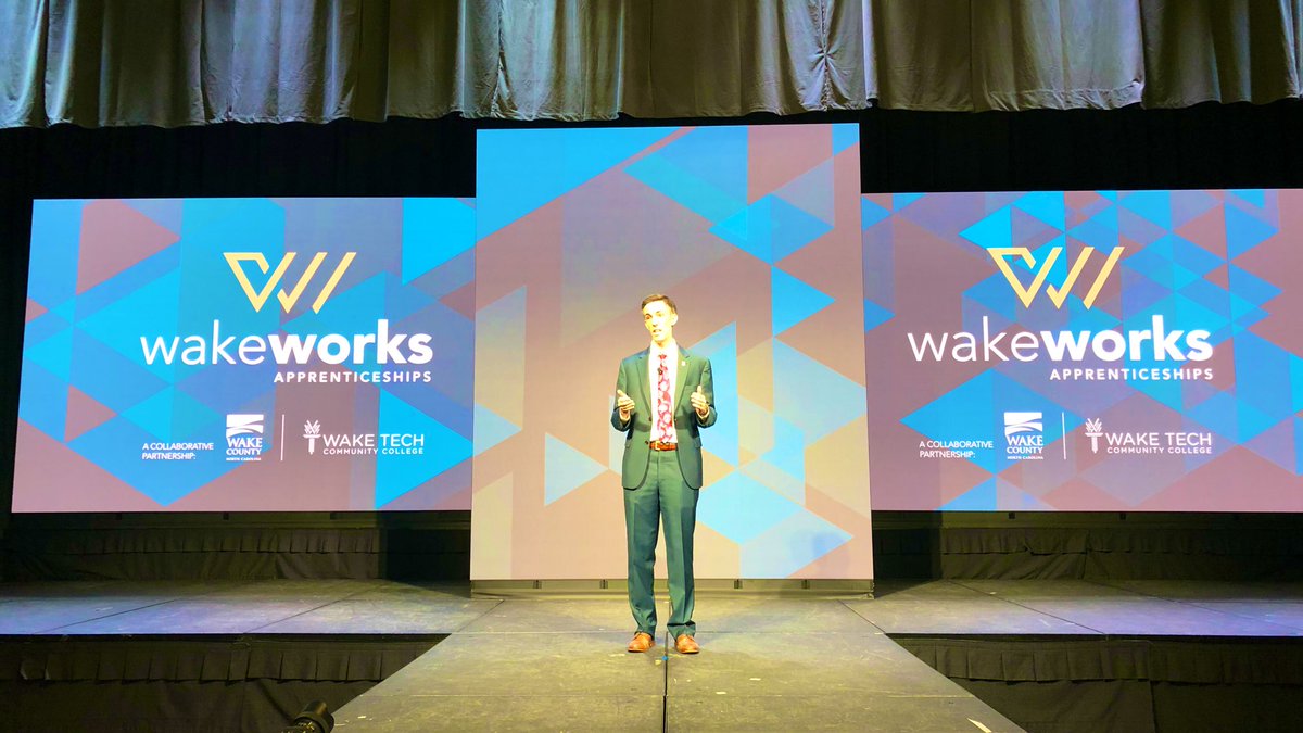 WTCCFoundation's tweet photo. Commissioner @Matt_Calabria introduces Wake Works to the audience. FREE community college for anyone that wants to join an apprentice program! Learn while you earn! #WakeTechIGNITE #YourCommunitysCollege @WakeGOV @wtccstudents @waketechcc https://t.co/njj4lR0Wwv