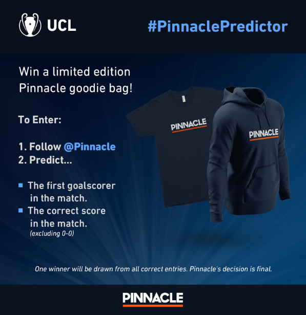 #PinnaclePredictor ⚽

Manchester City travel to Real Madrid for the first leg of their last-16 UCL tie &amp; there is Pinnacle merchandise to win!

To enter: Follow <a href="/Pinnacle/">Pinnacle</a>, RT this tweet, &amp; Predict:

1. The first goalscorer
2. The correct score (exc: 0-0)

#RMAMCI