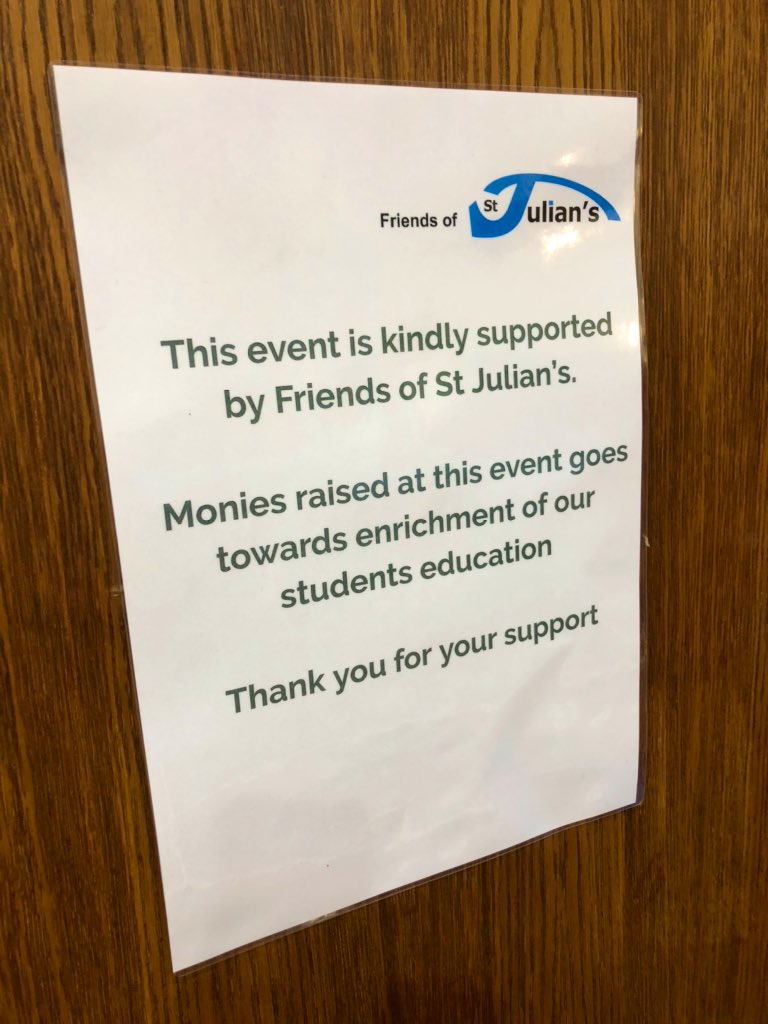 StJuliansSchool's tweet photo. During the intervals, our Friends of St Julian’s PTA will be waiting for you in the West Hall where there will be an array of refreshments. There’s also the chance to win prizes! #StJProductions https://t.co/s84ssY1Sin