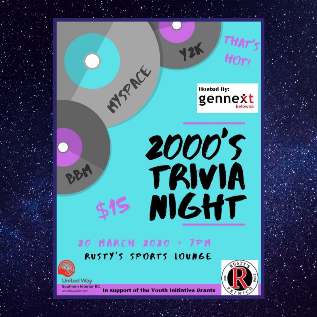 gennextkelowna's tweet photo. GenNext Kelowna's 2000s Trivia Night raises funds for Youth Imitative Grants. These grants support young people to develop and run projects to improve their communities. Join us March 20 at @RustysKelowna 

#ylw #okanagan #community #youngprofessionals #giveback #kelownanow https://t.co/3VEam5656Z