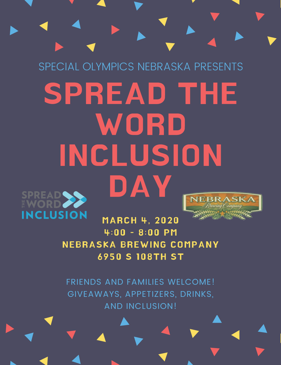 unmc_mmi's tweet photo. Join @SONebraska from 4-8 pm on 3/4/20 at Nebraska Brewing Co, LaVista Neb, for SPREAD THE WORD INCLUSION DAY!

🌟 Giveaways 🌟 Appetizers 🌟 Drinks 🌟 Inclusion 🌟

Friends &amp; Family Welcome!

@PledgetoInclude #PledgetoInclude #spreadthewordinclusion
#inclusionworks
@NebraskaYAC https://t.co/BmgEMTTXkS