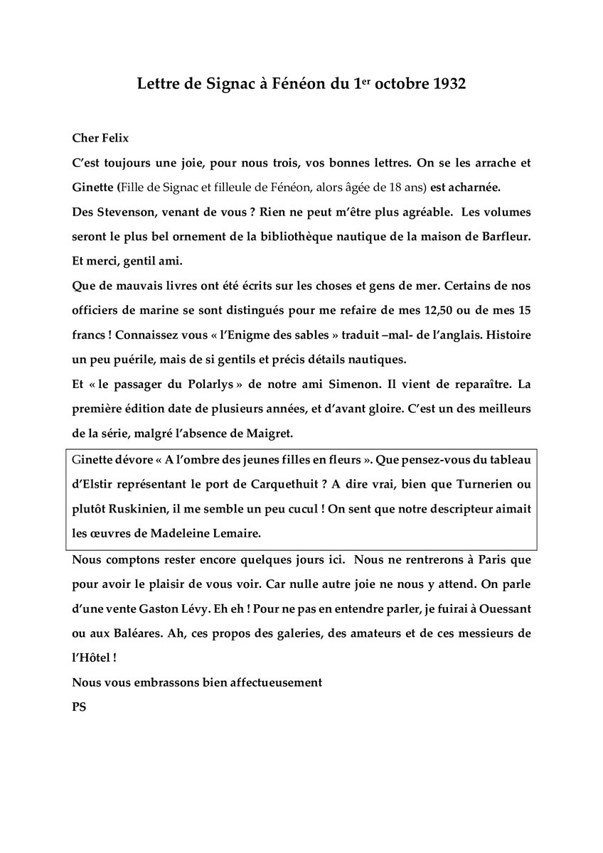 AmisDeProust's tweet image. Les collections de la Maison de Tante Léonie se sont enrichies grâce au don d'une lettre de 1932 dans laquelle Félix Fénéon explique à Paul Signac que les descriptions proustiennes des tableaux d'Elstir sont "un bon alcool pour les artistes naissants". 
Merci à notre donatrice !