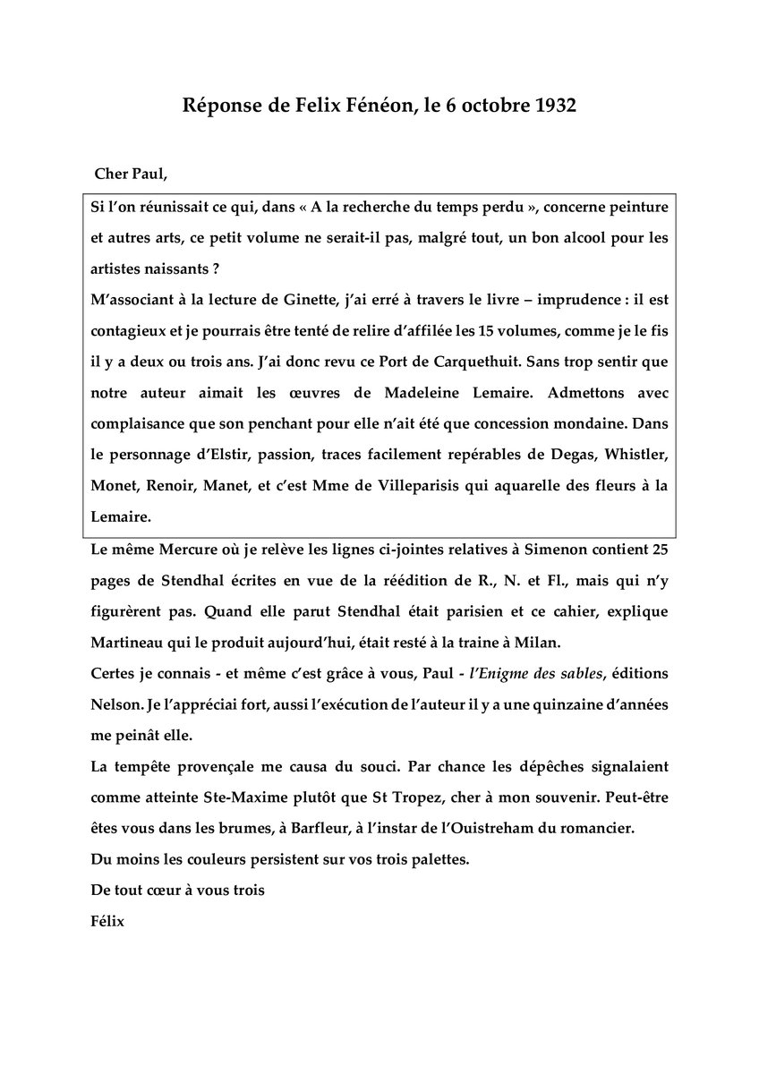 AmisDeProust's tweet image. Les collections de la Maison de Tante Léonie se sont enrichies grâce au don d'une lettre de 1932 dans laquelle Félix Fénéon explique à Paul Signac que les descriptions proustiennes des tableaux d'Elstir sont "un bon alcool pour les artistes naissants". 
Merci à notre donatrice !