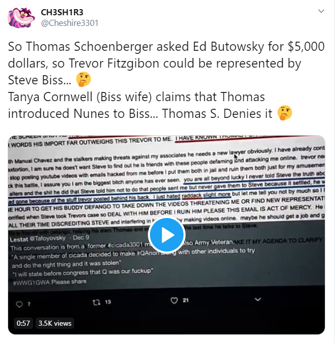 We know from 4 different sources that Ed Bukowski gave $5k up front to Biss so Trevor could start his lawfare against Radack. Foundation of this is recordings, video and audio, made by several of those involved. Those will not be tweeted. ref/H  https://twitter.com/Cheshire3301/status/1228765395235983360