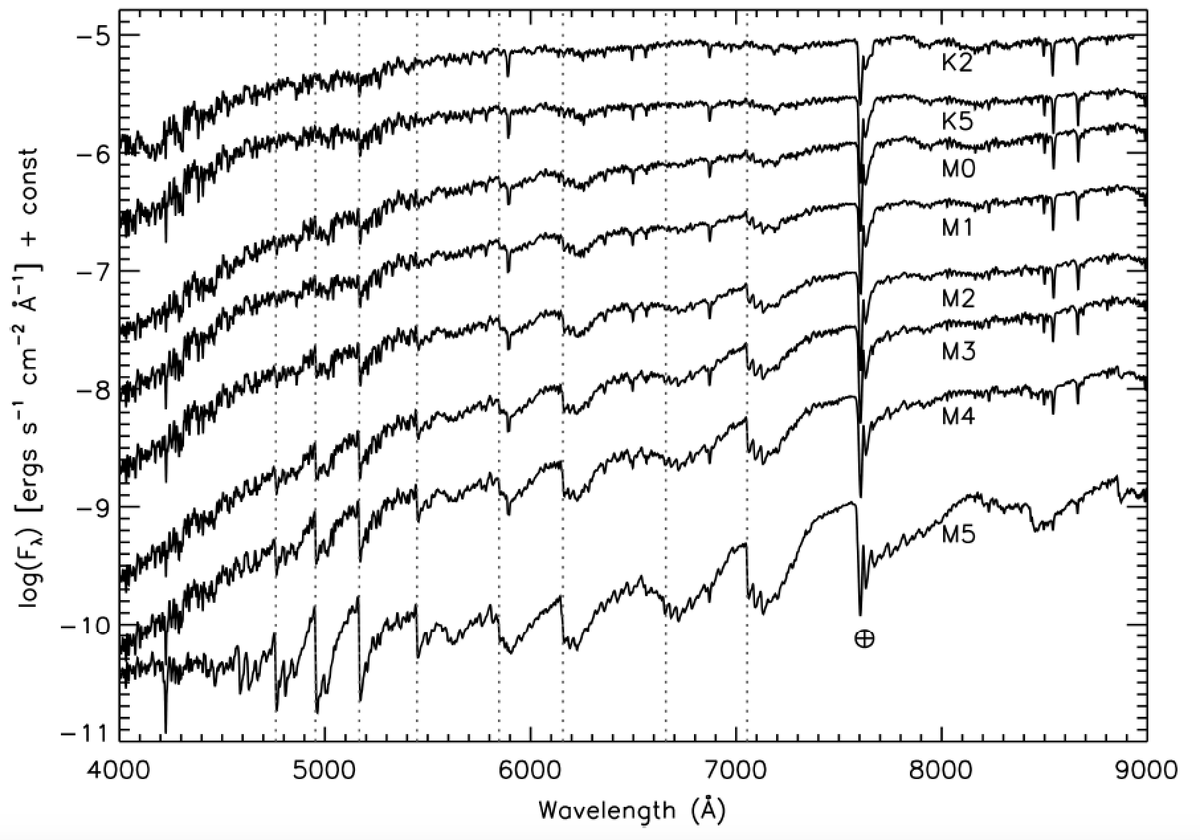 Point 2 prompted  @MassiveStarGuy & I to grab a spectrum of Betelgeuse. TiO bands are GREAT ways to measure temperature since they get stronger as T drops (you can see it in this figure from my book; the TiO bands look like bites taken out of the spectrum, marked w/ dashed lines:)