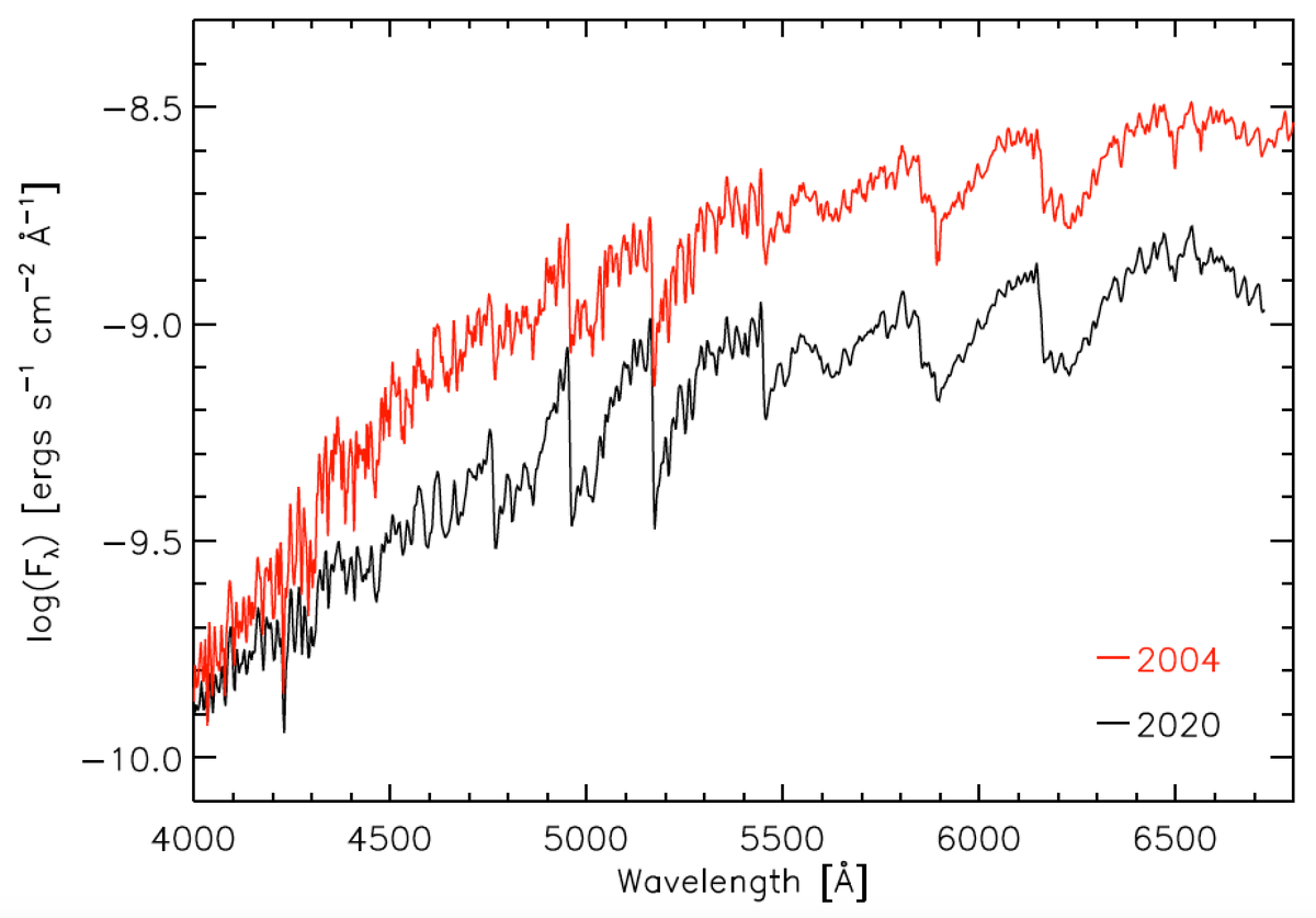 That night  @MassiveStarGuy got a gorgeous spectrum with the  @LowellObs Lowell Discovery Telescope (thanks to a very hefty neutral density filter). We compared our spectrum of newly-dim Betelgeuse (black) with an old spectrum we'd gotten of "normal" Betelgeuse in 2004 (red).Um: