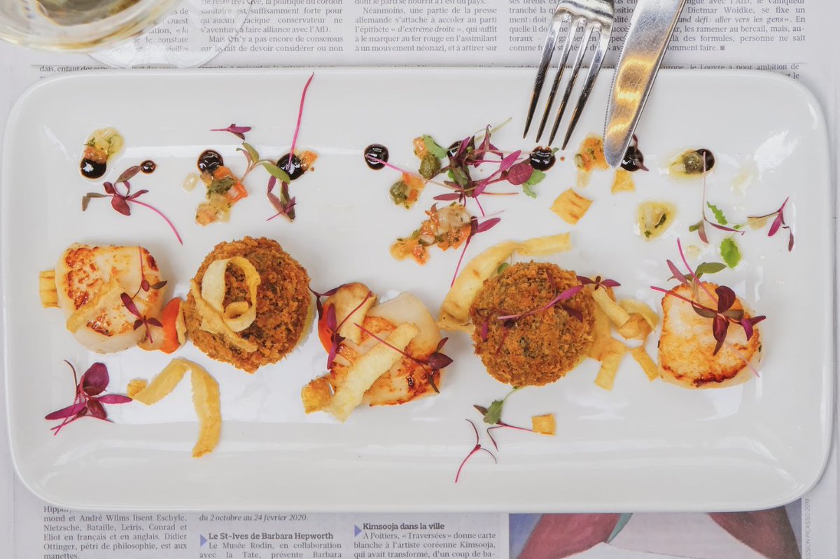 Seared Scottish king scallops and haggis croquettes served with a curried parsnip purée, coriander oil &amp; parsnip crisps. What a way to start your meal at Atlantic Brasserie! 😍