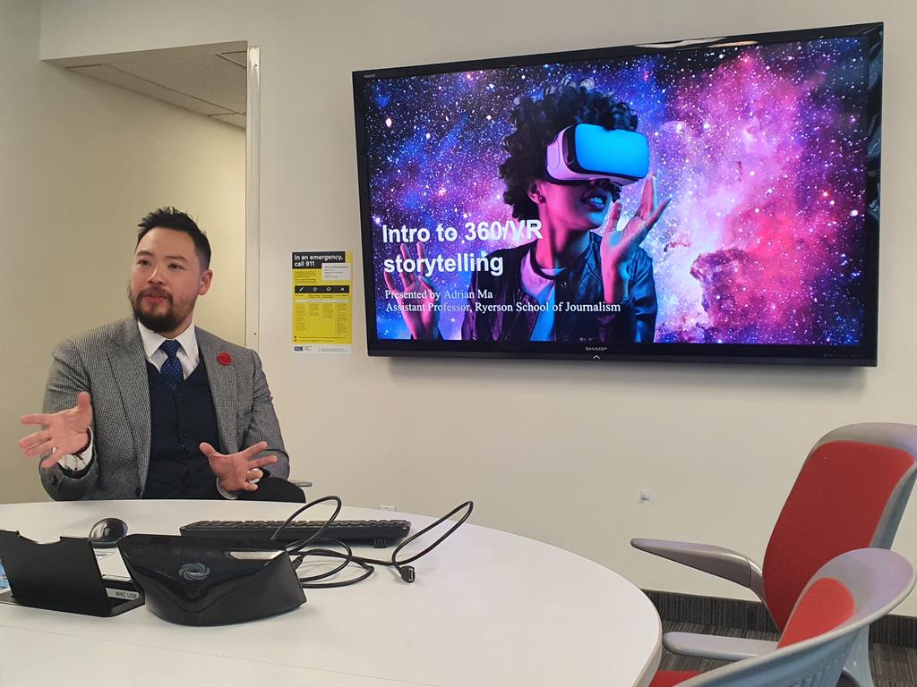 Great talk today by <a href="/adrianma/">Adrian Ma</a> on 360 and VR for journalism.  Thank you! #RyersonRJRC #RSJNow