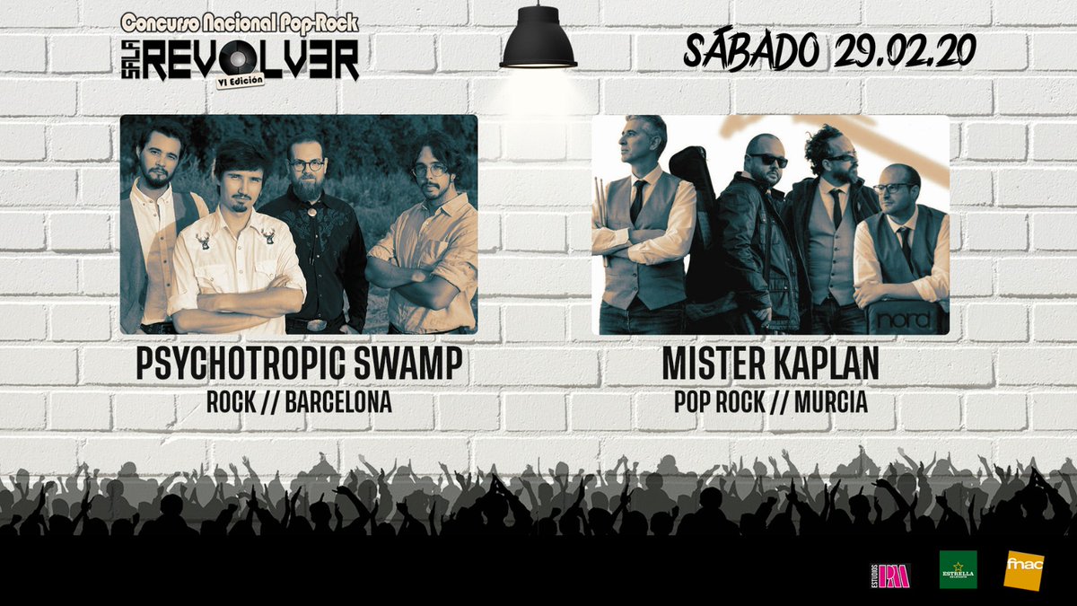 Esta semana volvemos a tener eliminatorias de nuestro Concurso Nacional Pop-Rock Sala Revólver.
Psychotropic Swamp y Mister Kaplan se subirán este sábado al escenario de SALA REVÓLVER.