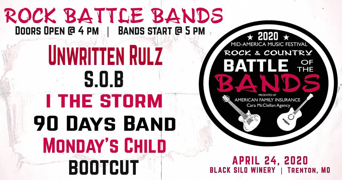 MidAmMusic's tweet photo. 🤠The #MAMF announced its Rock Bands for 1st Annual Battle of the Bands presented by Cara S McClellan - American Family Insurance.🎸6𝐑𝐎𝐂𝐊 𝐛𝐚𝐧𝐝𝐬 will 𝐜𝐨𝐦𝐩𝐞𝐭𝐞 𝐟𝐨𝐫 𝐚 𝐜𝐡𝐚𝐧𝐜𝐞 𝐭𝐨 #win $𝟏,𝟎𝟎𝟎 𝐚𝐧𝐝 chance to open 𝐟𝐨𝐫 Rock 𝐥𝐢𝐧𝐞-𝐮𝐩 𝐉𝐮𝐥𝐲 𝟏𝟕. https://t.co/wft9yj5a3Z