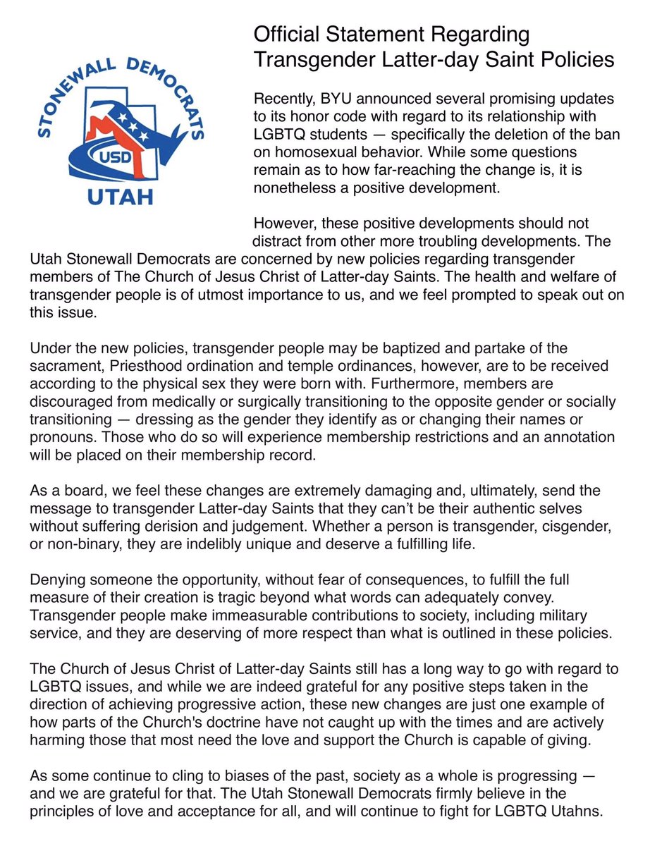 UTStonewallDems's tweet photo. Official statement from the Utah Stonewall Democrats regarding transgender Latter-day Saint policies that were unveiled last Wednesday. #utpol #utdem #latterdaysaint #lgbtqia #utah https://t.co/EuGJ3ypssi