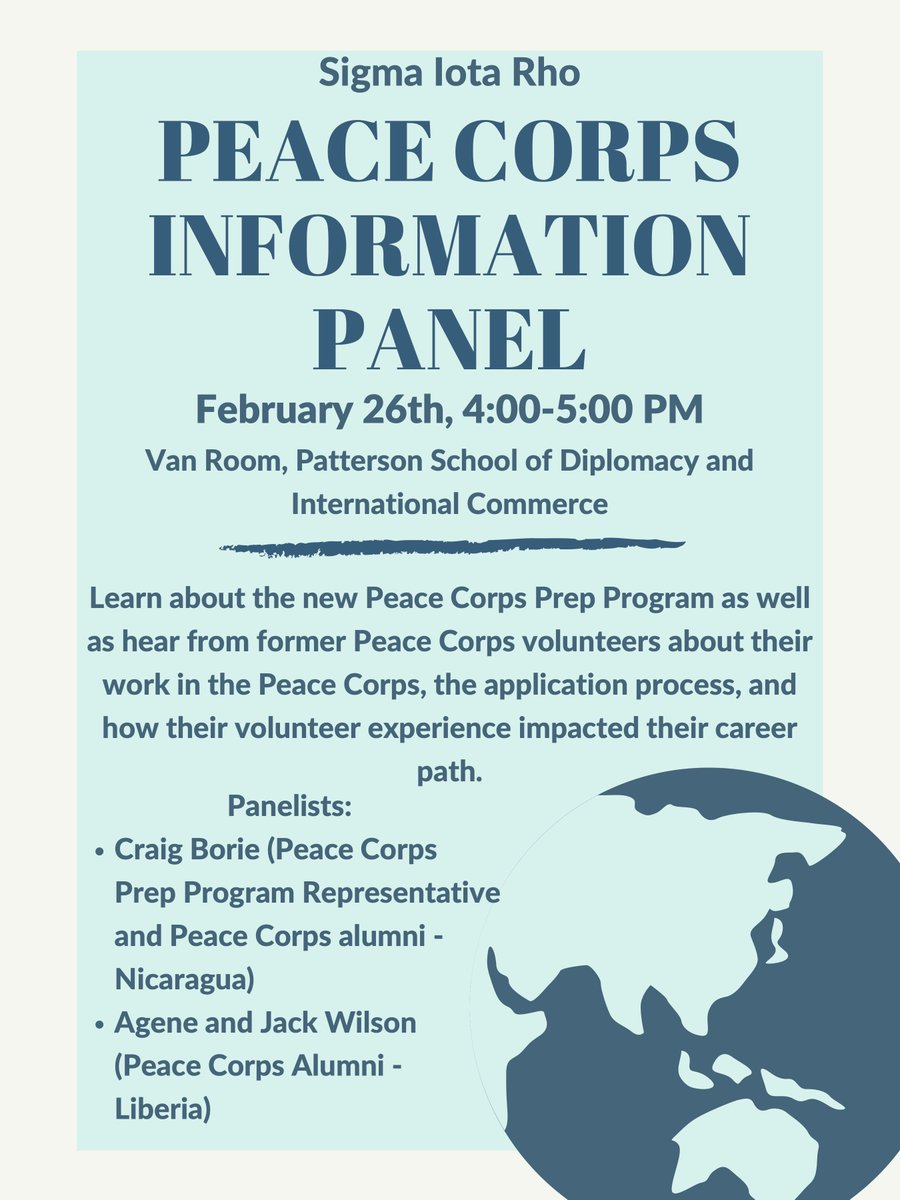 Happening in 2 hours!  4th floor of POT, come hear former Peace Corps panelists speak on their experiences within the Peace Corps around the world. Expand the flyer for more info 😎