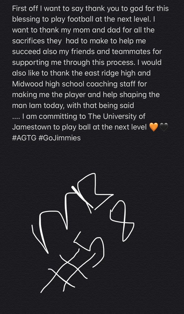 Malik_bembridge's tweet photo. Beyond blessed to say i am 1000% committed to university  of Jamestown @JimmieFootball  @JaymesSix #AGTG 🖤🧡 https://t.co/hLIw95u3ow