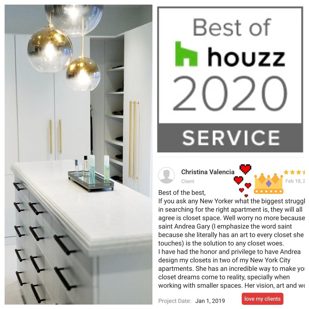 AndreaGary1's tweet photo. Honored to be #awarded by @houzz for the 8th year #bestofhouzz2020 #gratitudeisanattitudeforlife #dowhatyoulove #lovewhatyoudo #designer #customclosets #walkincloset #dressingroom #organized #clientlove #queenofkerfuffle #goodkarmatoyourchaos https://t.co/Sk8QE6MOXd