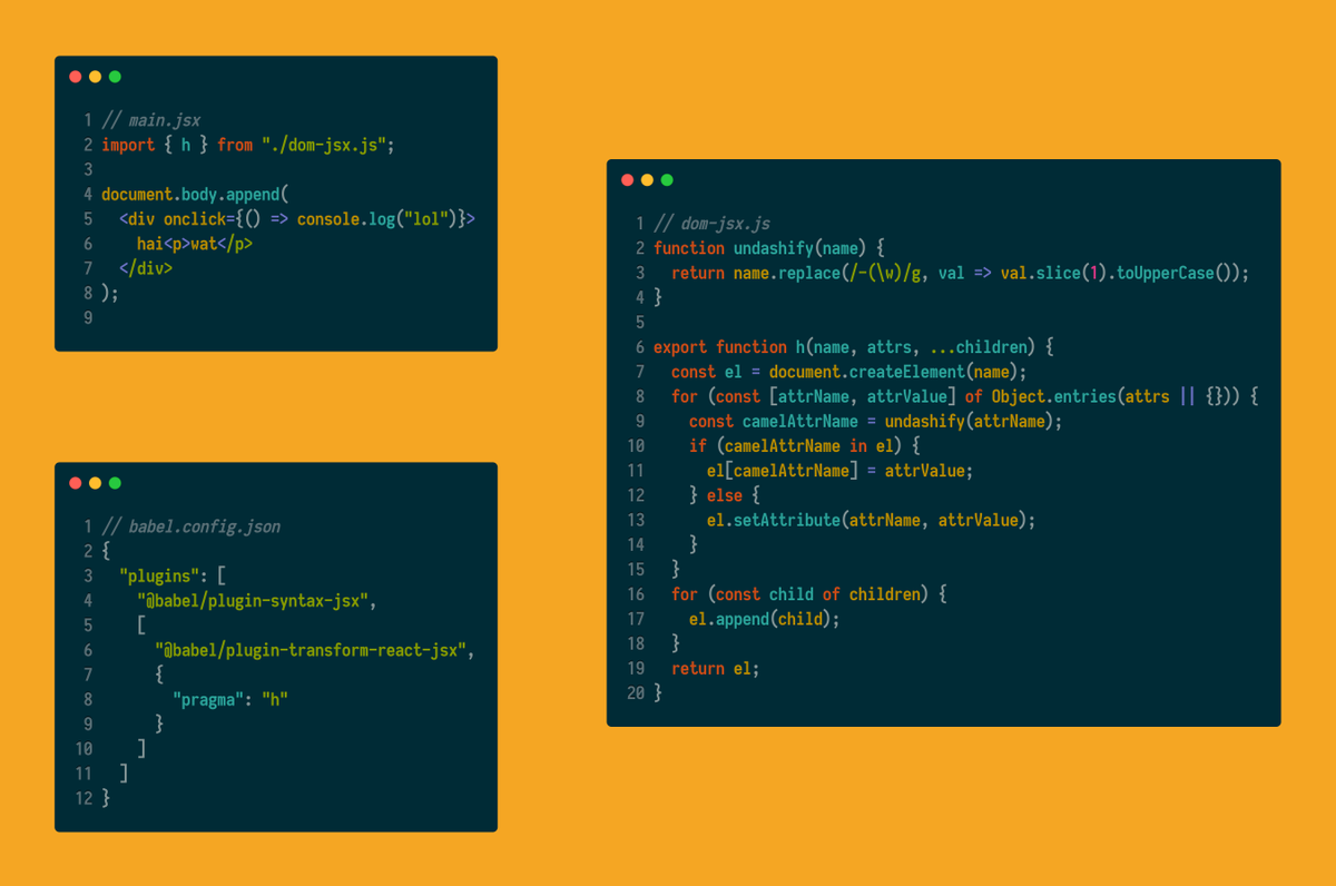 DasSurma's tweet image. Wait, is this news to anyone? Am I just late to the party? Am I missing something?

With this 15 line `h` function, you can use JSX for DOM ops w/ all the good stuff:

- Inline event handlers
- Custom elements
- Props and attributes (which React still can’t do, lol)

I dig it 🤨