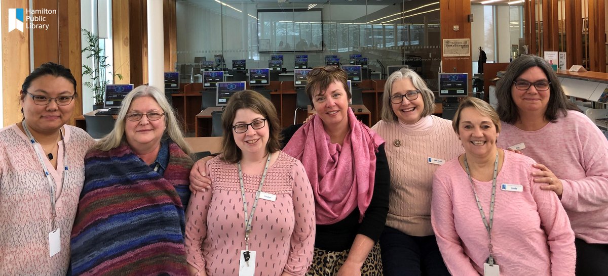 HamiltonLibrary's tweet photo. Staff at #HPLWaterdown dressing in support of Anti-Bullying with #pinkshirtday today! #HamOnt #lifteachotherup #spreadkindness #bekind https://t.co/RqZoGmWGgA