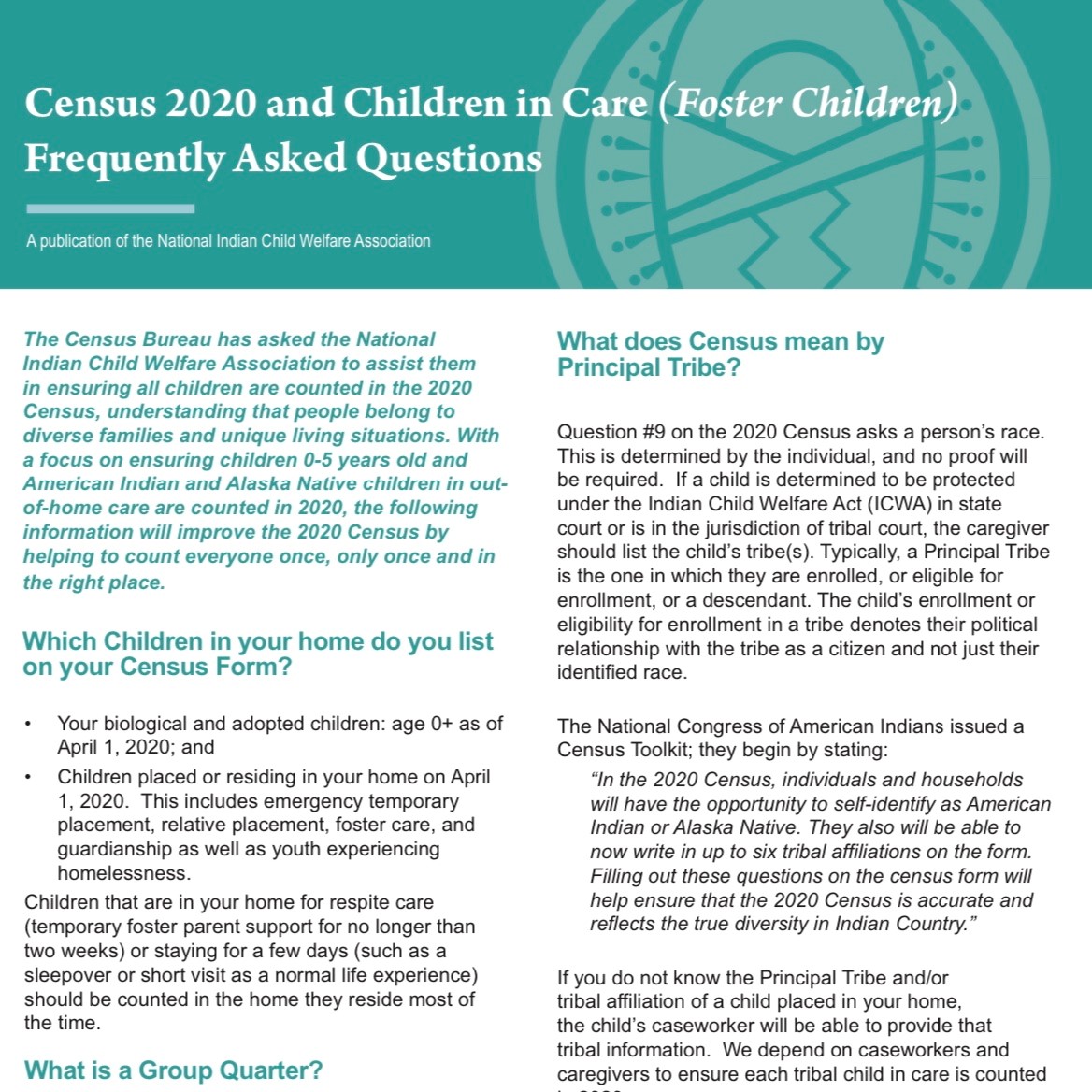 NativeChildren's tweet image. All children need to be counted in the #2020Census — especially children in foster care. We created a resource to help make sure Native children in care are counted. 

Find the Frequently Asked Questions here: ow.ly/VXnd50ywH8A #IndianCountryCounts