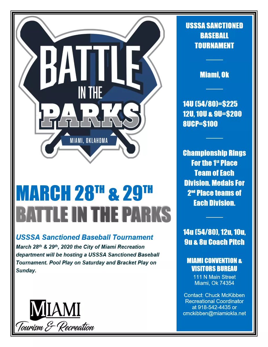 MiamiOKSports's tweet photo. Get your team in!  Great kickoff tournament for the season!  @USSSABSBL @miamioktourism @miamiokla https://t.co/UywAcJq2SQ