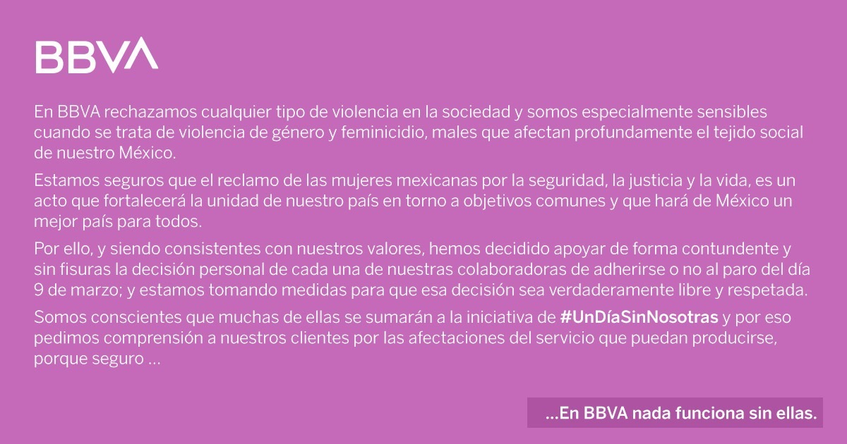 BBVA_Mex's tweet photo. Este 9 de marzo en BBVA nos sumamos en apoyo a la lucha contra la violencia de género. #UnDíaSinNosotras https://t.co/4BM29j2Liw