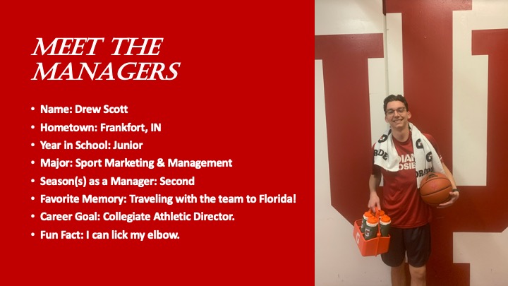 IUWBBManagers's tweet photo. Next manager up! Meet Drew, a second-year manager from Frankfort, IN! Drew is always on his game and willing to sacrifice his time, energy, or even his glasses for the team! Thanks for being a great example of what a manager should be Drew! https://t.co/BfSeZegRYC