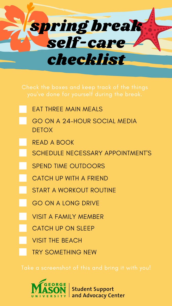 pr_dominique's tweet image. Spring break is always loads of fun, but keeping track of how you take care of your self might not be on your agenda. Lucky for you, we've prepared a checklist to help you keep track of the things you should consider doing for yourself! #SSBAWGMU