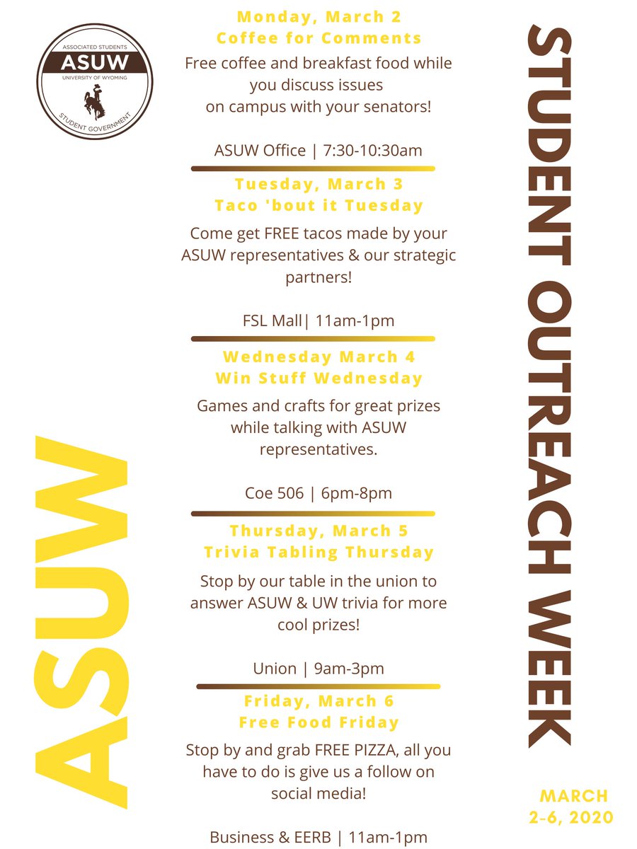 ASUWstudentgov's tweet image. Next week we are kicking off our first ASUW Student Outreach Week!  Check out all our awesome events made especially for YOU!