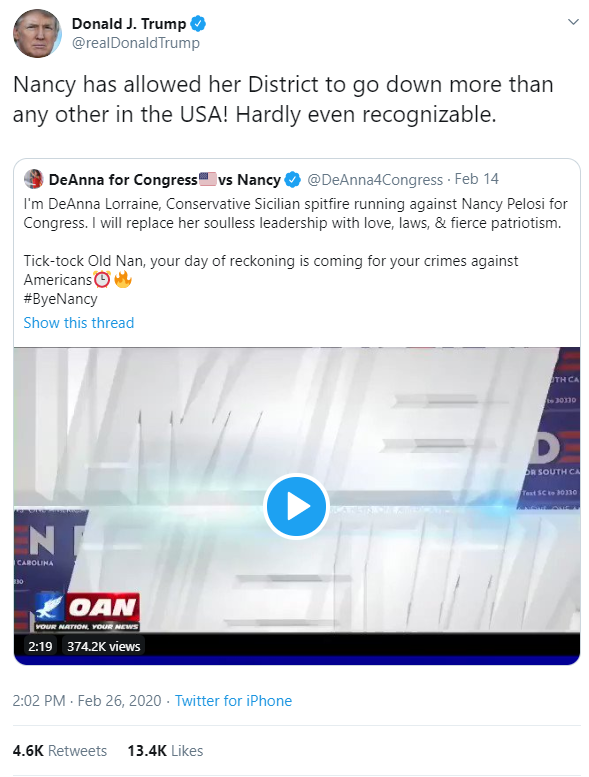 Trump this afternoon retweeted DeAnna Lorraine Tesoriero, one of the 29 current or former known 2020 congressional candidates who have embraced or given credence to QAnon. It is the 2nd time he has amplified her Twitter account.