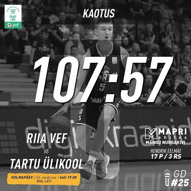 Täna pidime Riias läbi ajama ilma Kregor Hermeti ja Adomas Drungilaseta. Paraku tõi see kaasa ka päris kindla 57:107 kaotuse  <a href="/vefriga/">VEF Rīga</a> lt.

Mängu #MapriNurgakivi oli @hendrikeelmae 17 punkti ja kolme korvisööduga. 
Mängu statistika - … ift.tt/32vA3OK