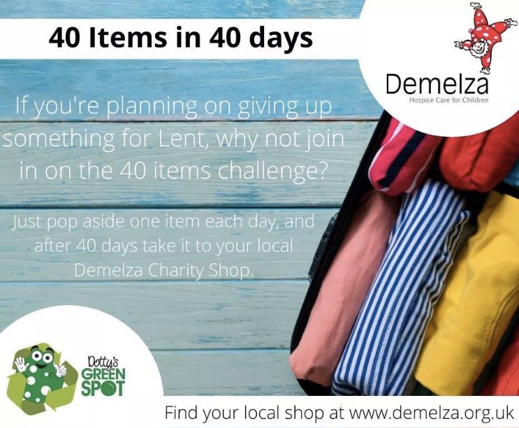 DemelzaAmy's tweet photo. So #lent has started! Have you been like me and had all the good intentions of giving up #wine or #chocolate and already failed? Well how about the #40items challenge and donate 40 things over 40 days to our local @DemelzaHospice #charity shops? Iβm off to eat more #choc! https://t.co/ivVbTCqwy0