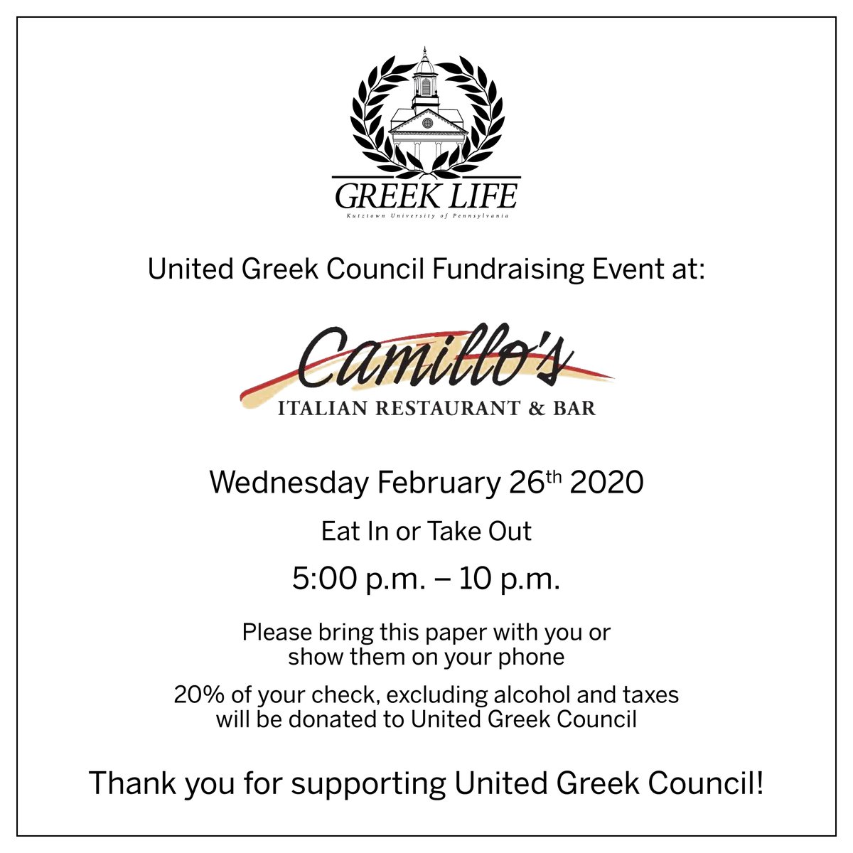 KUDeanStudents's tweet photo. 🏆Winner-Winner-Camillo's for dinner!🍕🥗🍔 Eat in or take out and help support the United Greek Council!👍🏿Show this picture to your server to have 20% of your bill donated. Thank you for your support! 🐻💛 #UGC #fundraiser #dinner #dineanddonate https://t.co/M8DooghUBR