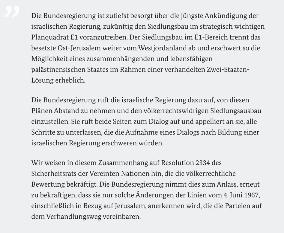 AuswaertigesAmt's tweet image. Die Bundesregierung ist zutiefst besorgt über die jüngste Ankündigung der israelischen Regierung, zukünftig den Siedlungsbau im strategisch wichtigen Planquadrat E1 voranzutreiben. Wir rufen die israelische Regierung dazu auf, von diesen Plänen Abstand zu nehmen.