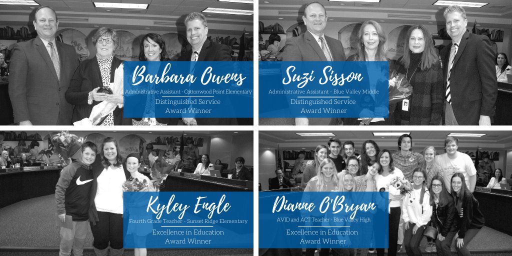 Congrats to BV's February Distinguished Service &amp; Excellence in Education Award winners. Join us in celebrating @cpewildcats admin assistant Barbara Owens, <a href="/BVMiddle/">Blue Valley Middle</a> admin assistant Suzi Sisson, <a href="/SREFalcons/">Sunset Ridge Elem.</a> 4th grade teacher Kyley Engle &amp; BV High AVID/ACT teacher Dianne O'Bryan!