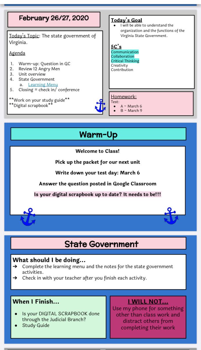 obloveshistory's tweet photo. I 💗 how my CLT organizes our daily slides and the expectations for our Ss! #teamwork #CLIMBtogether #bamyr3 @KPoole114 @fmcgarritylcps https://t.co/ZREpe4Yq09