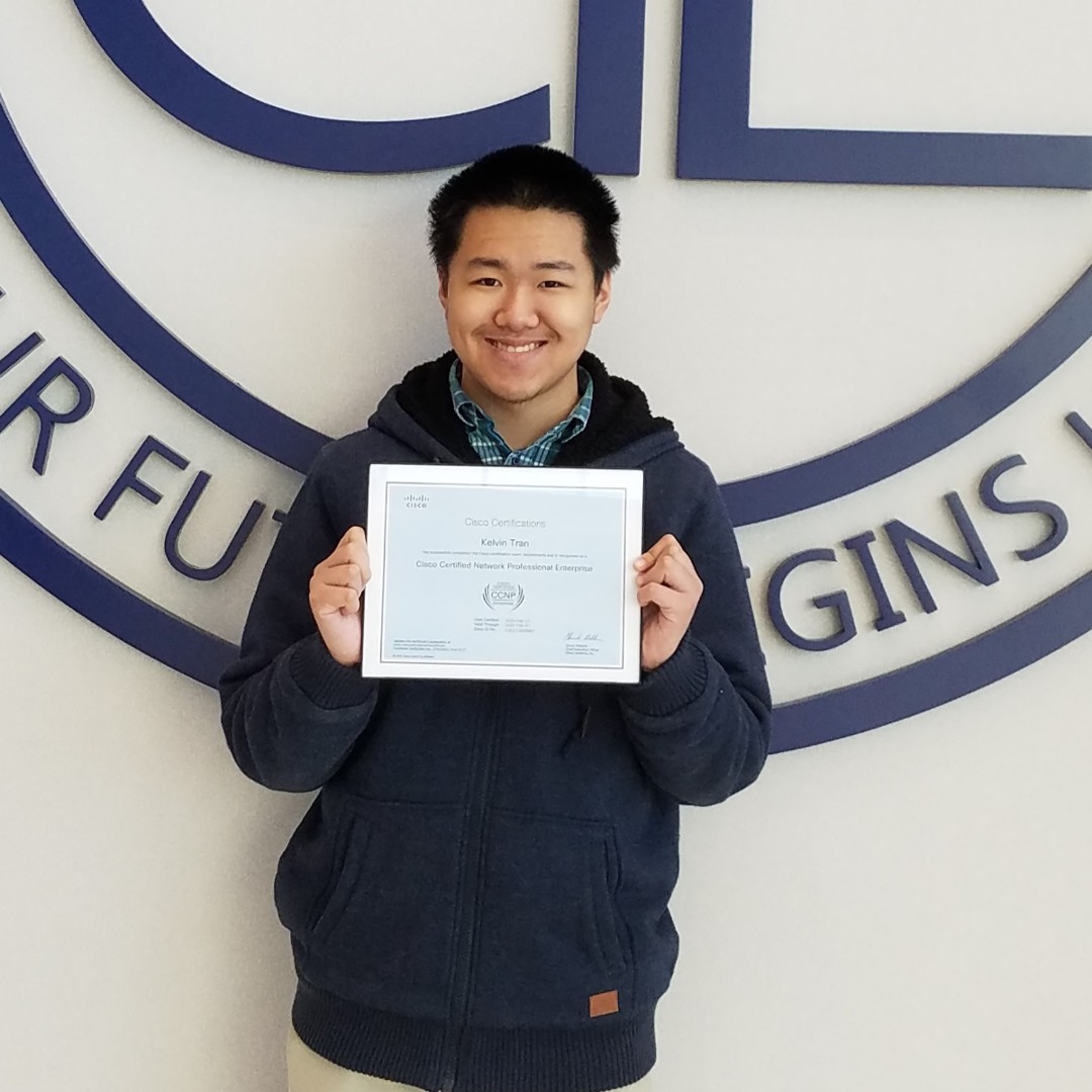 Alief_Career's tweet photo. Congratulations to Kelvin Tran who recently obtained his Cisco Certified Network Professional Enterprise certification. The CCNP Enterprise is offered by Cisco &amp; is a mid-tier certification below expert-level CCIE. @AliefISD @AliefCTE @ElsikHighSchool @Alief_CFAC_IT #aliefleads https://t.co/0biqxSZ1Vp