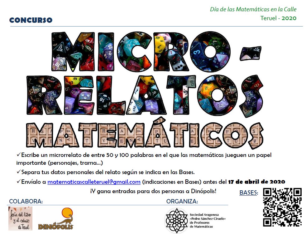 SAPMciruelos's tweet photo. Ojito al concurso de microrrelatos para la jornada de "Matemáticas en la calle", que tendrá lugar en Teruel. Colaboran @LibroTeruel y @DinopolisTeruel.
👇🔽 https://t.co/xG59KAjXLW